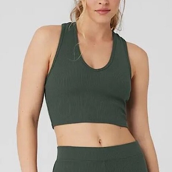 Alo Goddess ribbed cropped racerback tank top in green - Picture 1 of 5